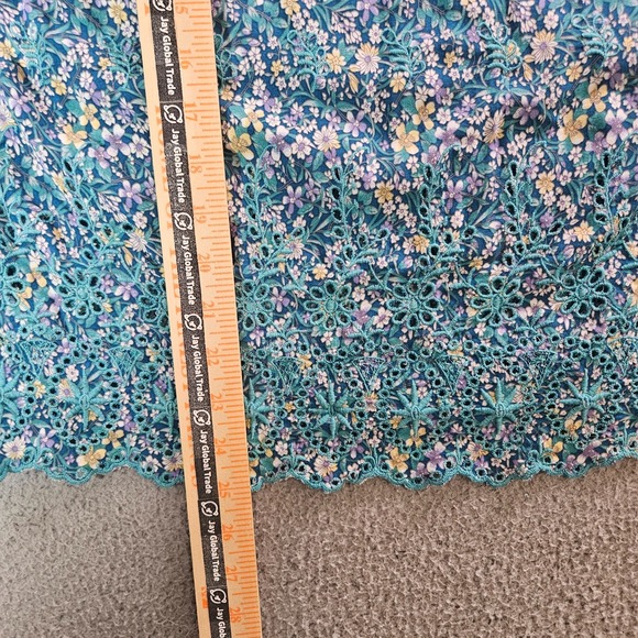 Solitaire Embroidered Top Blouse Women XL Floral Ruffle Cap Sleeve Green Yellow - Picture 8 of 9